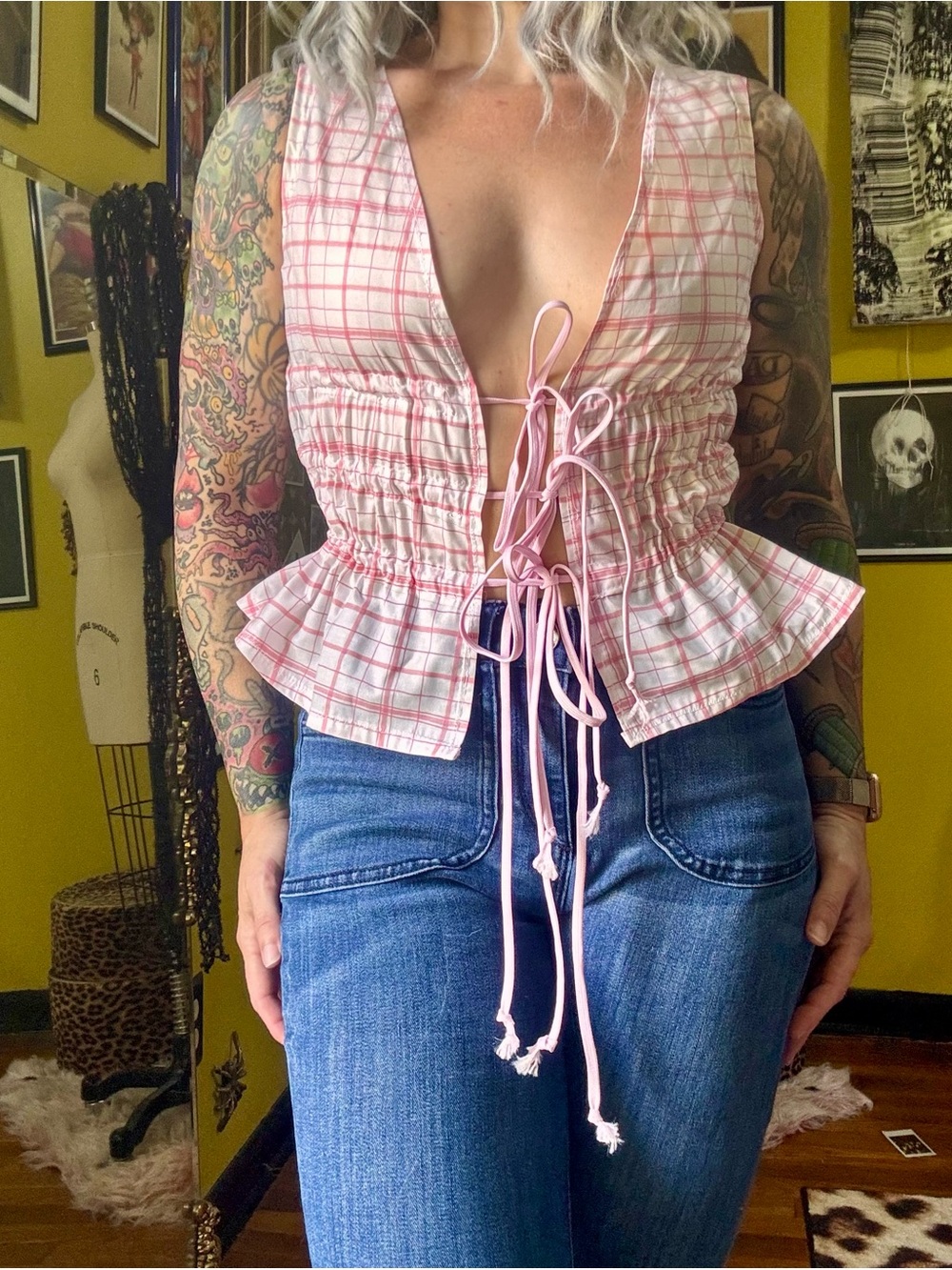 handmade Pink Plaid Cotton Tie Front Tank Top